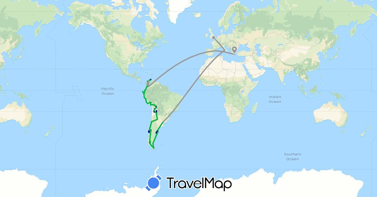 TravelMap itinerary: driving, bus, plane, cycling, hiking, boat, motorbike in Argentina, Bolivia, Chile, Colombia, Ecuador, Spain, United Kingdom, Greece, Italy, Peru (Europe, South America)